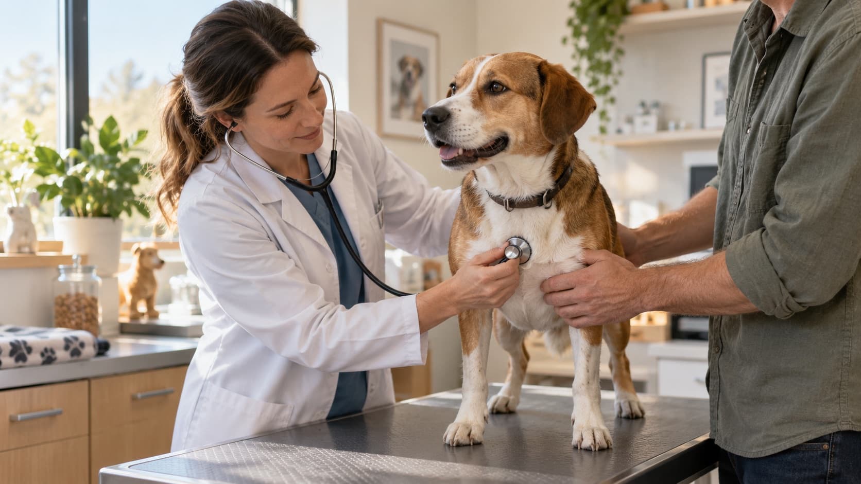 A vet listening to a dog's chest with a stethoscope while the owner steadies it