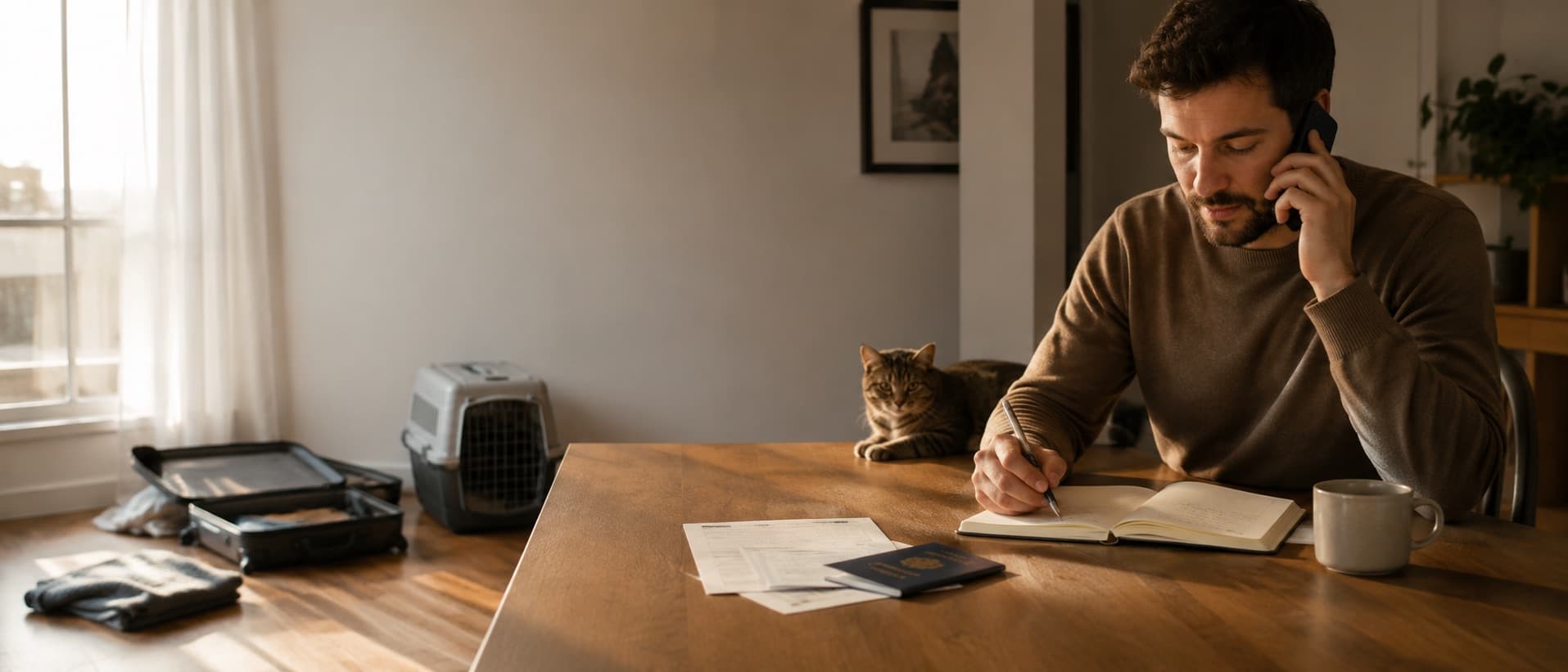 A man at his table taking notes during a phone call, his cat beside him and a half-packed suitcase behind