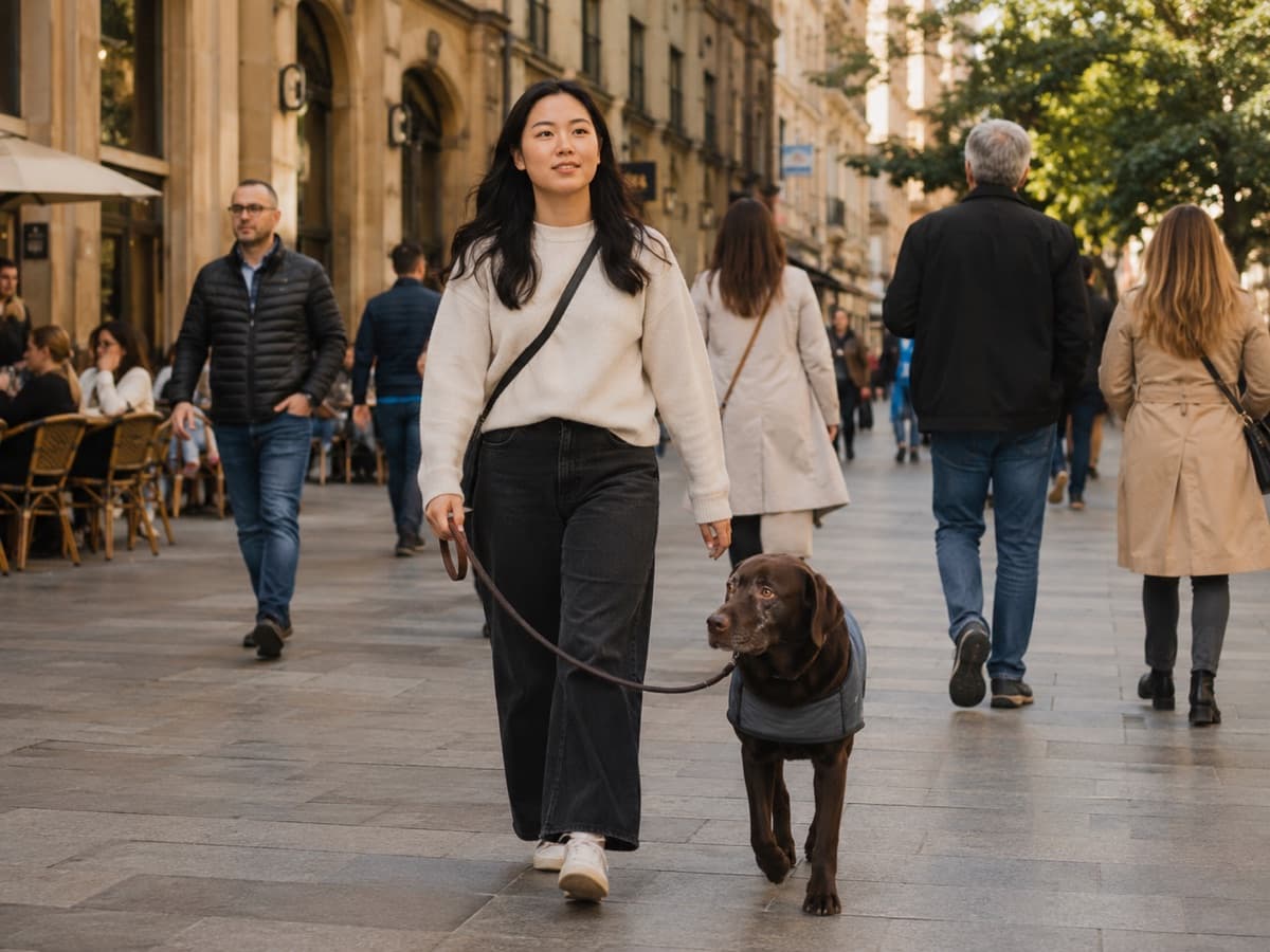 A woman walking along a busy street with her assistance dog on a loose lead