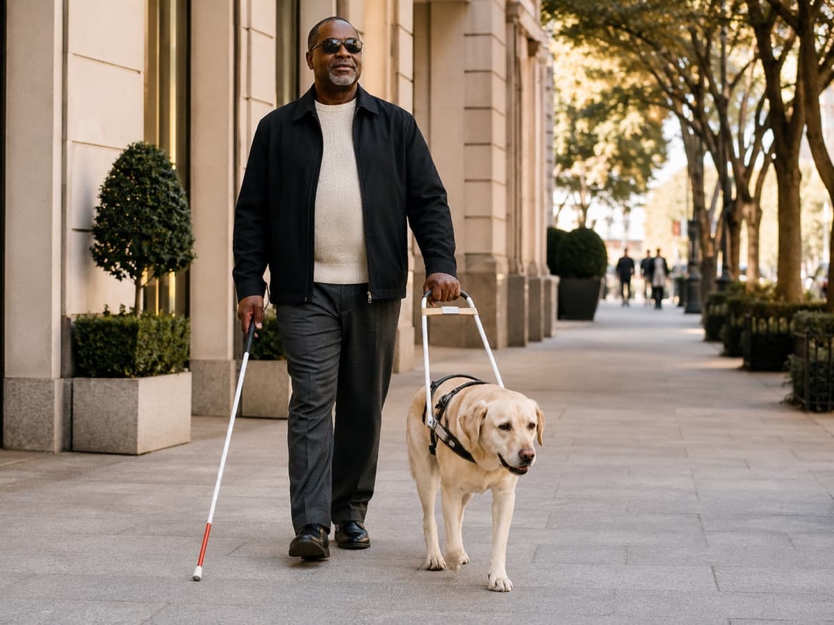 A blind man walking with a white cane and a guide dog in a rigid harness