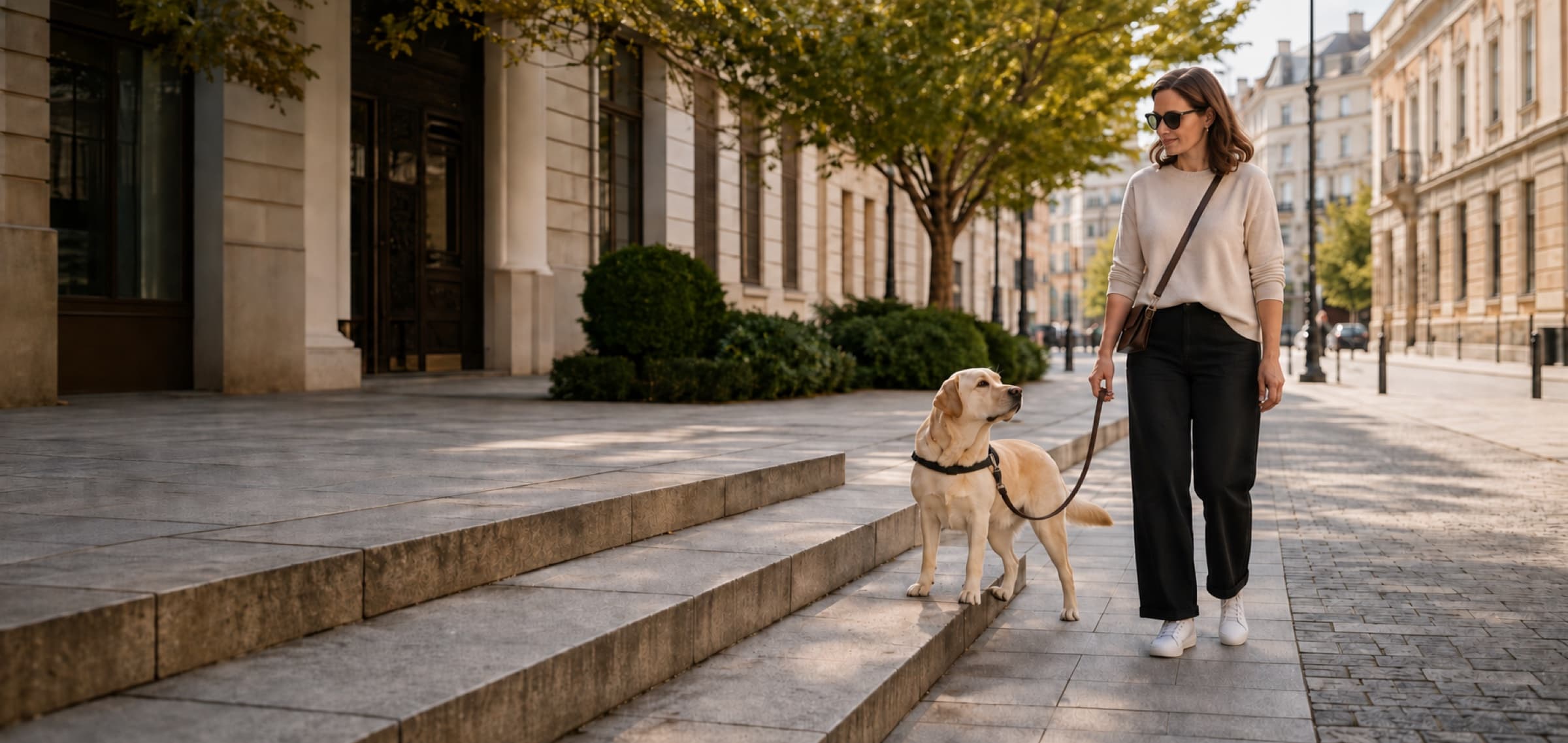 A woman walking with her assistance dog beside a set of steps