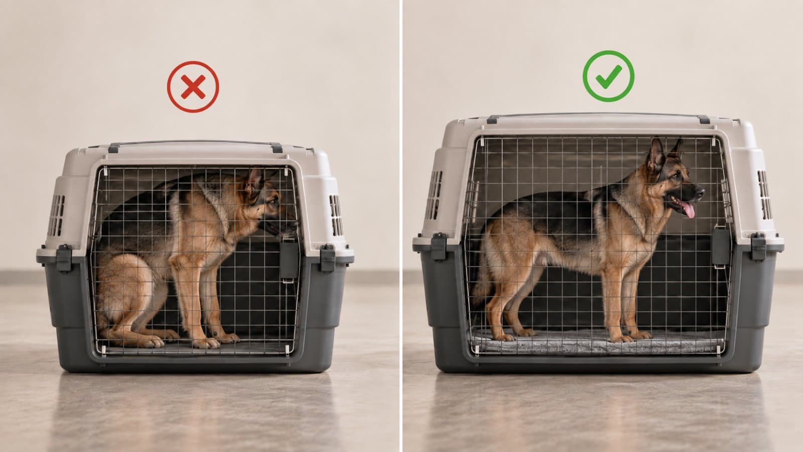 Two crates side by side: on the left the dog is cramped and has to duck, on the right it stands upright with room to spare